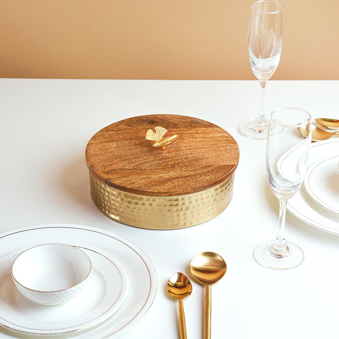 Round metal box with wooden lid